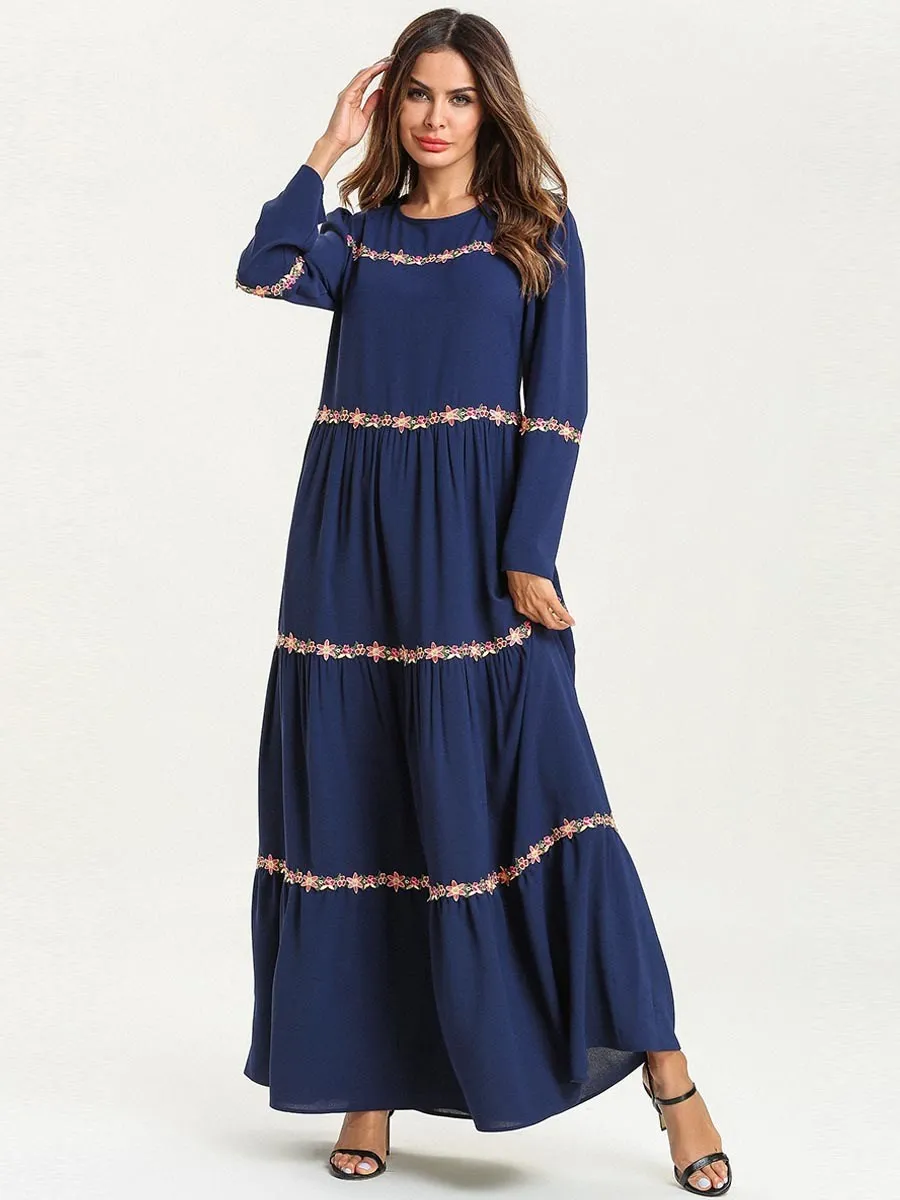 Loose Women Long Muslim Dress Round Neck Sleeve Maxi Ethnic Embroidery Ruffles Swing | Женская одежда
