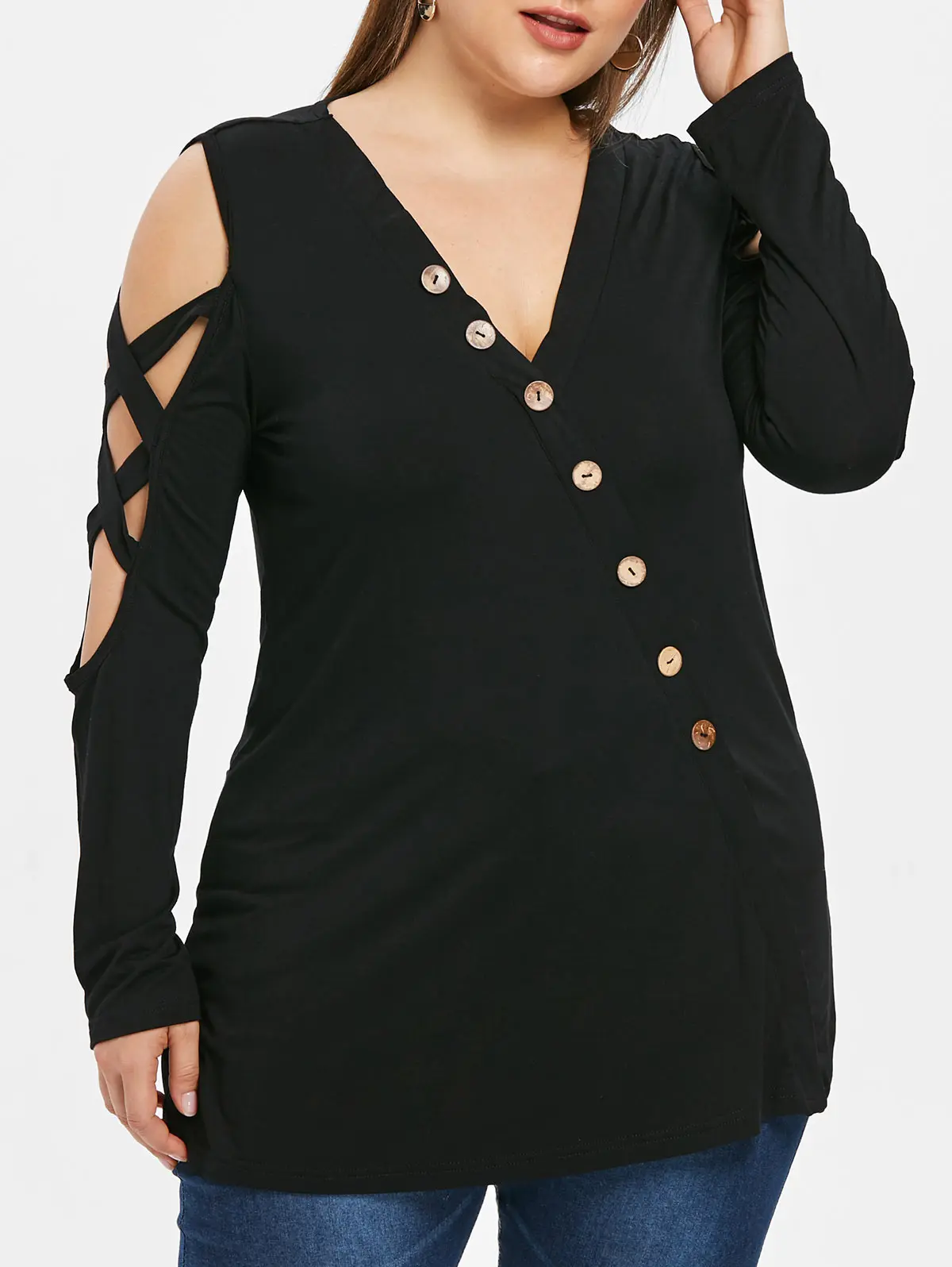 Wipalo Women Plus Size Open Shoulder Buttons Criss Cross T-Shirt Plunging Neck Long Sleeves Casual Solid Tee Ladies Tops 5XL | Женская