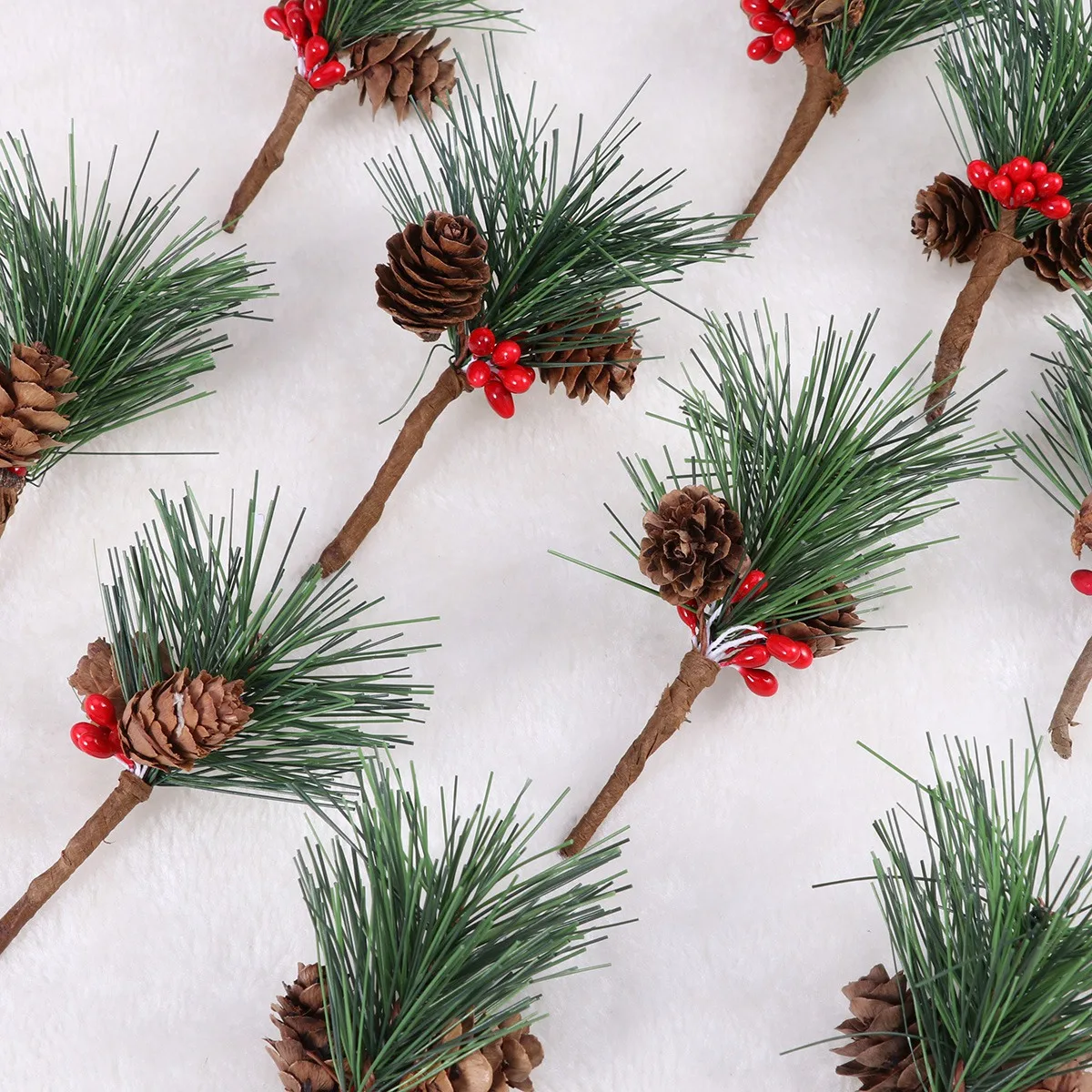 10pcs Artificial PVC Small Pine Stems Picks Trees With Pinecones Berries for Flower Wreaths Home Decoration Christmas