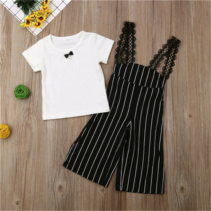 Летняя рубашка для маленьких девочек 2 шт. Топ штаны в полоску с ремнем одежда