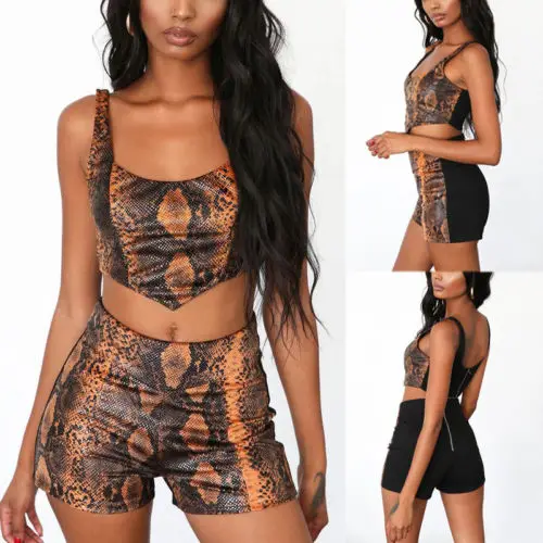 

Fashion Women Sexy Snake Skin Zipper Sleeveless Casual Crop Top Slim Short Pants Two-piece