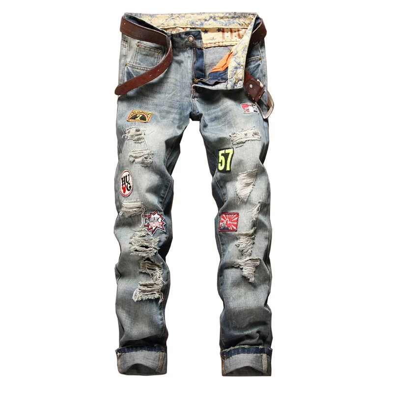 2020 Hot Sale New Arrival Jeans Men Top Fashion Stonewashed Brand Straight Badge To Hole In Full Length Mid Patches Zipper Fly