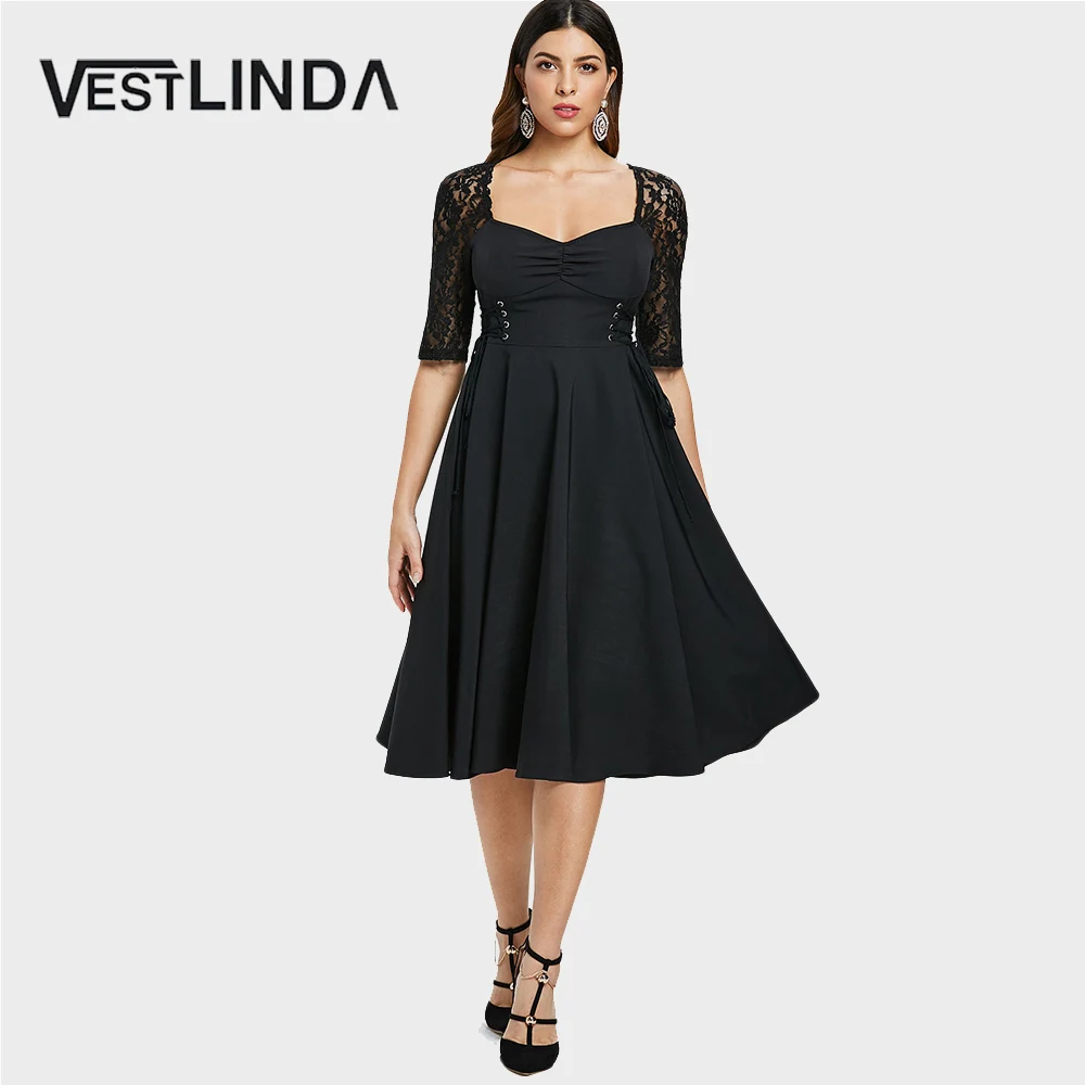 Женское кружевное платье VESTLINDA маленькое черное с оборками и на груди | Женская