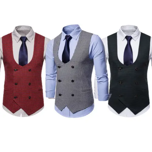 Latest Double-Breasted Slim Men Vest Check Cotton Gentleman Formal Waistcoats Tuxedo Wedding Casual Coat Plus Size | Мужская одежда
