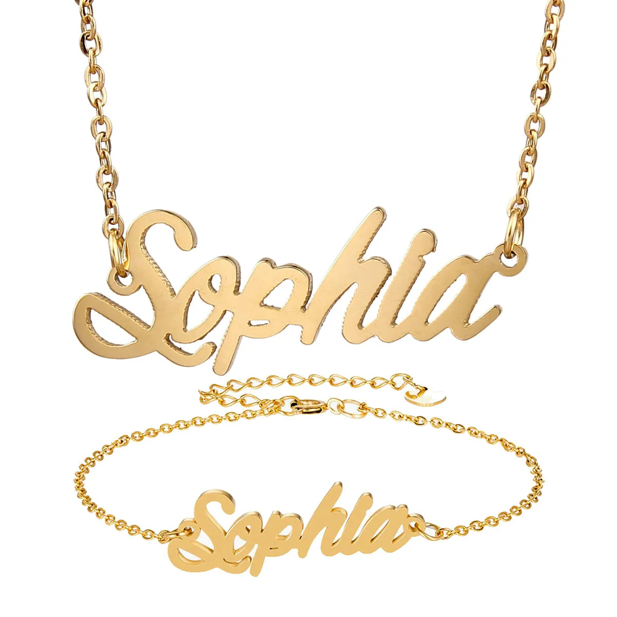 

Fashion Stainless Steel Name Necklace Bracelet Set " Sophia " Script Letter Gold Choker Chain Necklace Pendant Nameplate Gift