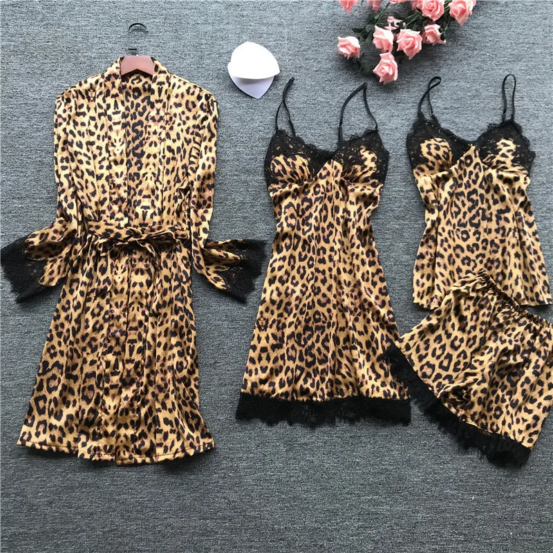 Lisacmvpnel 4 шт. Леопардовый сексуальный кружевной женский халат комплект кардиган +