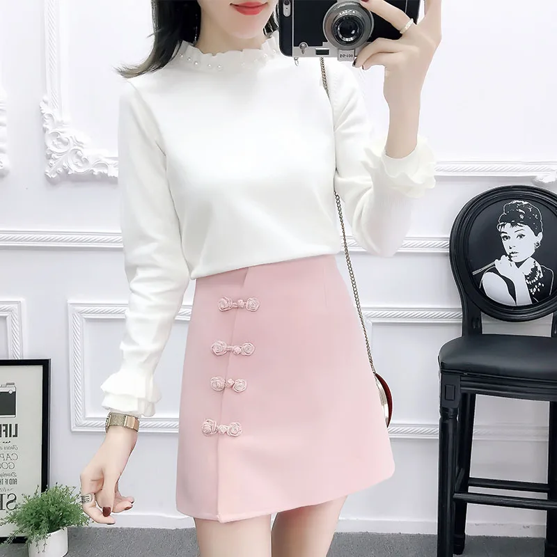

suit women white top sweater knitting 2 pcs clothing set button woolen cloth skirts two-piece outfit vestido girl clothes SALE