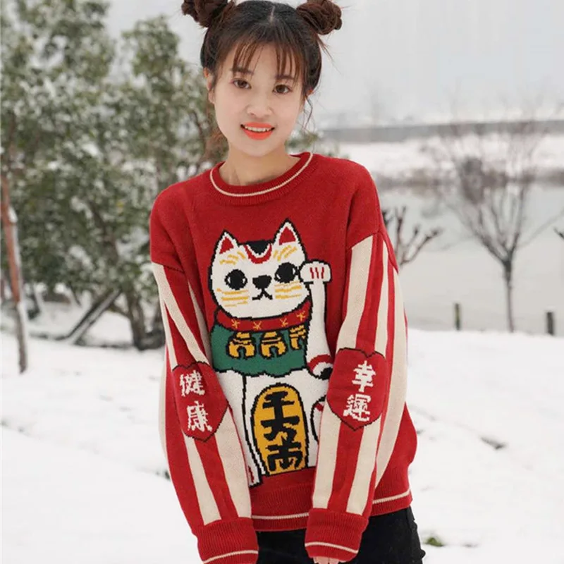 

Japanese Lucky Cat Pattern Women Sweater Cute Kawaii Pullover Loose Red Sweater Female Autumn Winter Outwear Harajuku