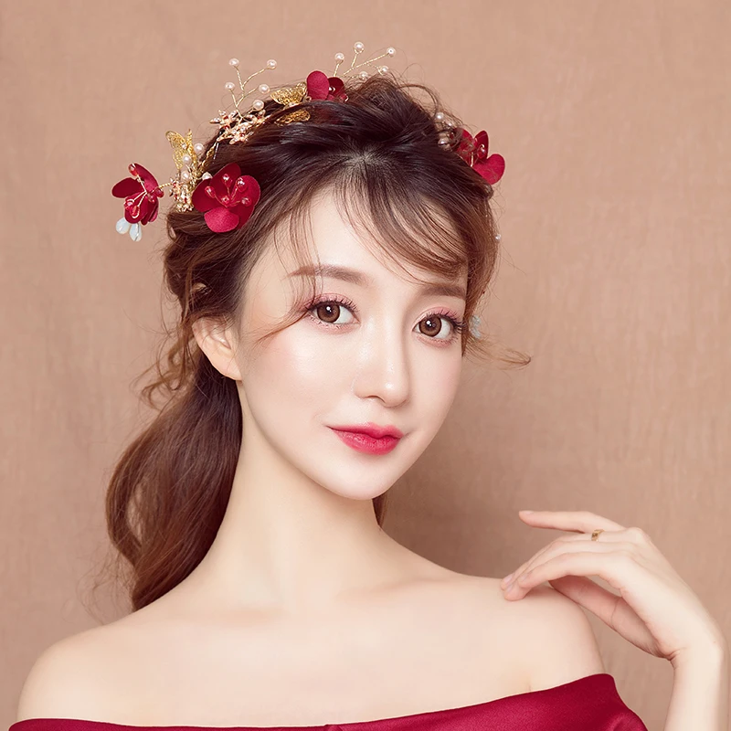 Fashion Handmade Hair Clips Red Fabric Flower Barrettes Wedding Bridal Bridesmaids Side Clip Accessories Photography Headdress | Украшения