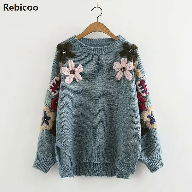 New Autumn and Winter Embroidery Sweaters Women Retro Flower Pullover Loose O-neck Sweater Female Jumpers | Женская одежда