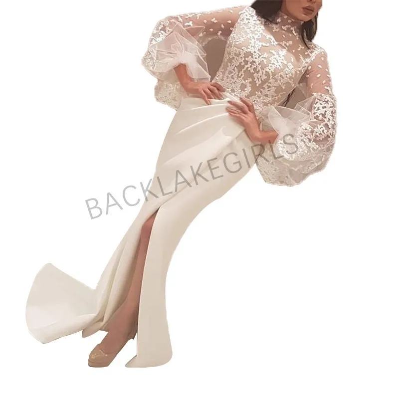Lace White Ivory Satin Mermaid Prom Dresses High Neck Long Sleeve 2018 Robe De Soiree Custom Made Evening Gown | Свадьбы и торжества