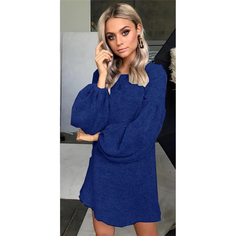 Fashion women autumn casual O neck long lantern sleeve solid dress ladies evening party short mini | Женская одежда