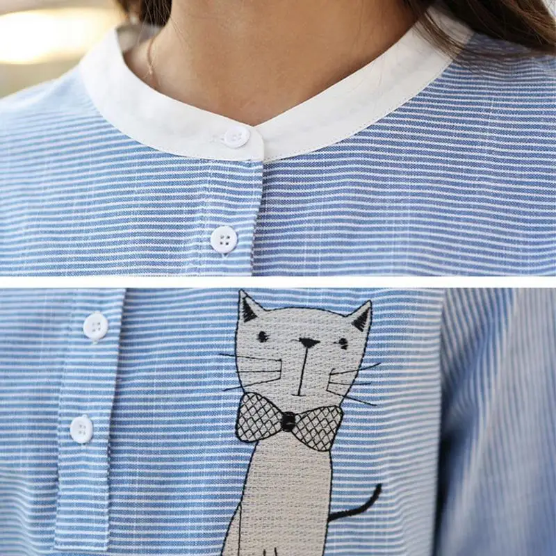 MISSKY Women Shirt Cartoon Embroidery Stripes Splicing Long Sleeve Stand Collar Blouse Female Tops For Spring Autumn | Женская одежда