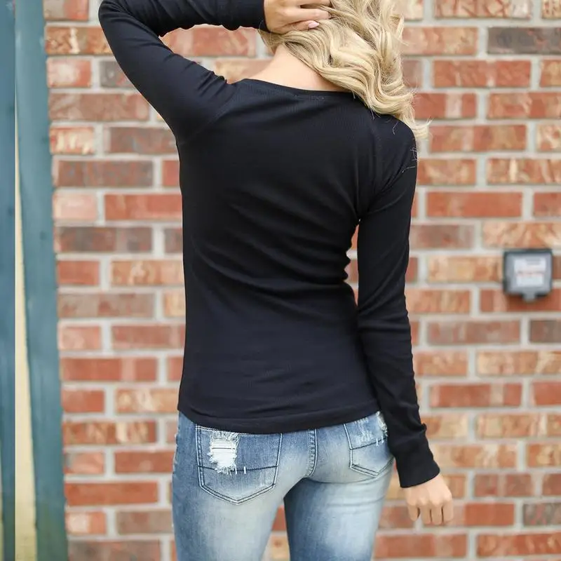 Женская футболка Сексуальная Милая с длинным рукавом сплошной цвет Slim Fit Низкий v
