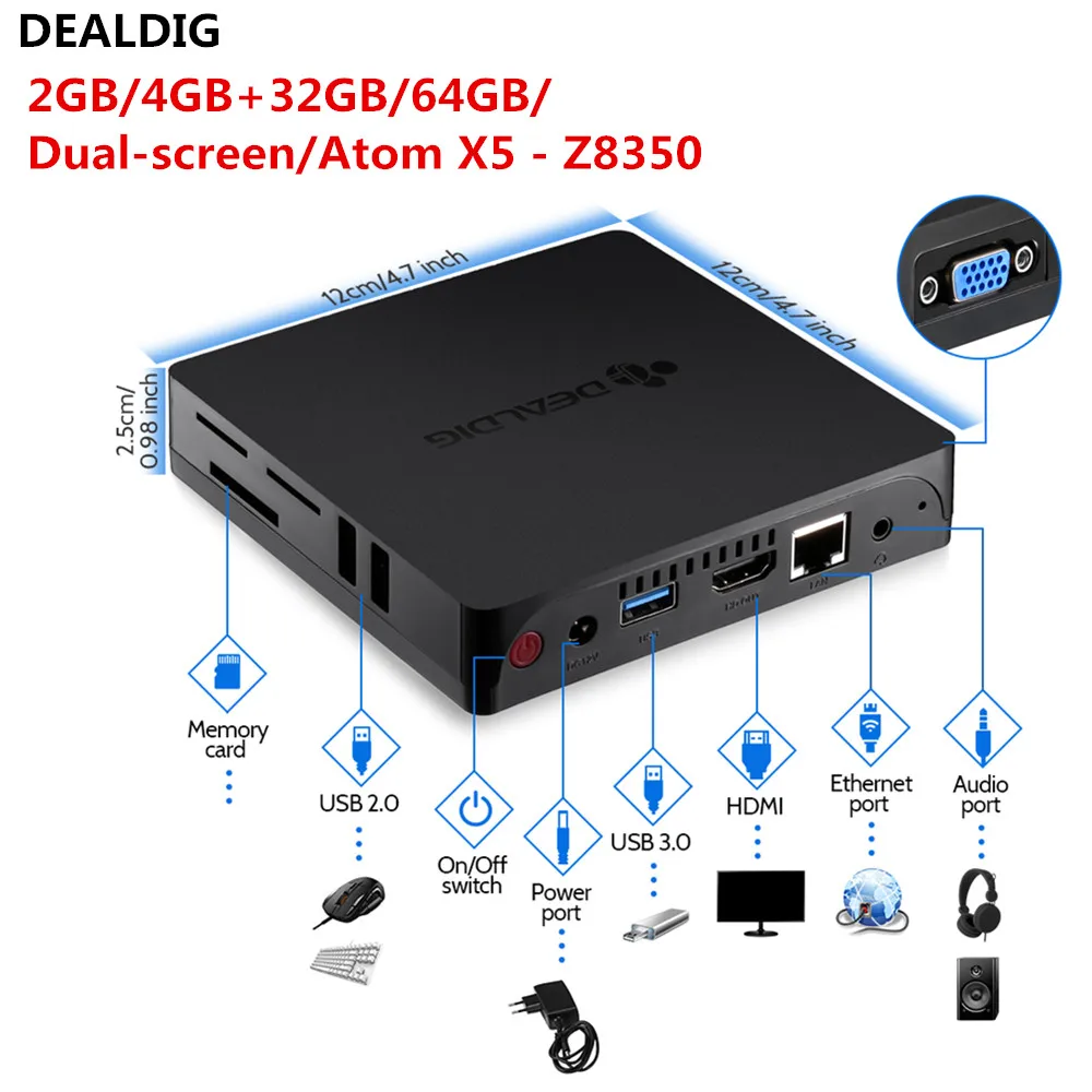 DEALDIG AbleD3 мини ПК Intel Atom X5 Z8350 двойной экран Дисплей 4 Гб Оперативная память 64