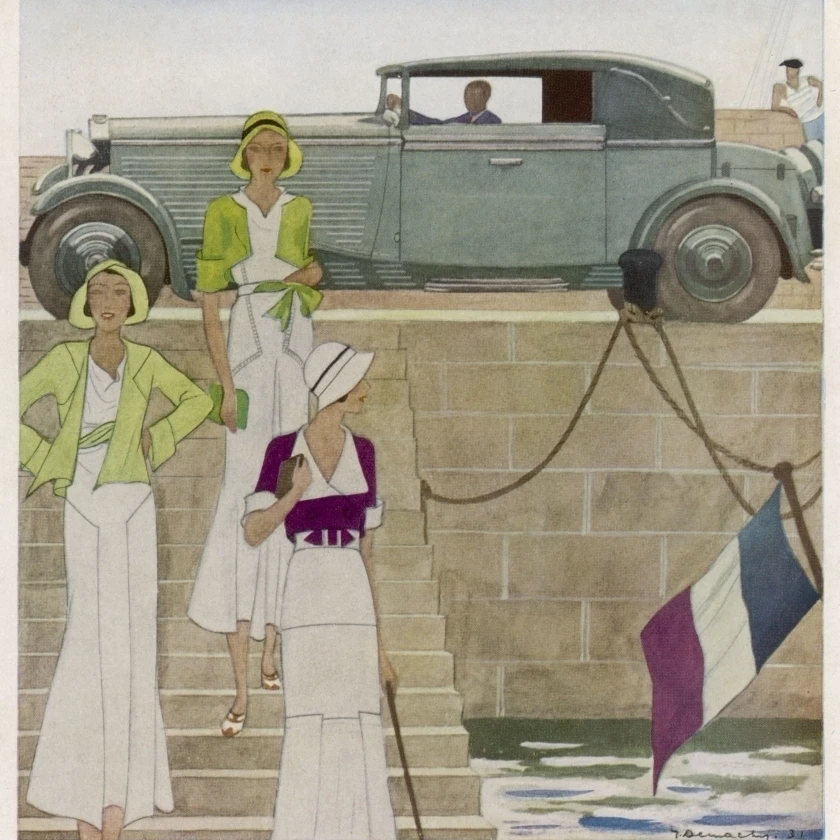 Три диск к морю модные 1930 S дамы и их плакат с изображением автомобиля печати Мэри