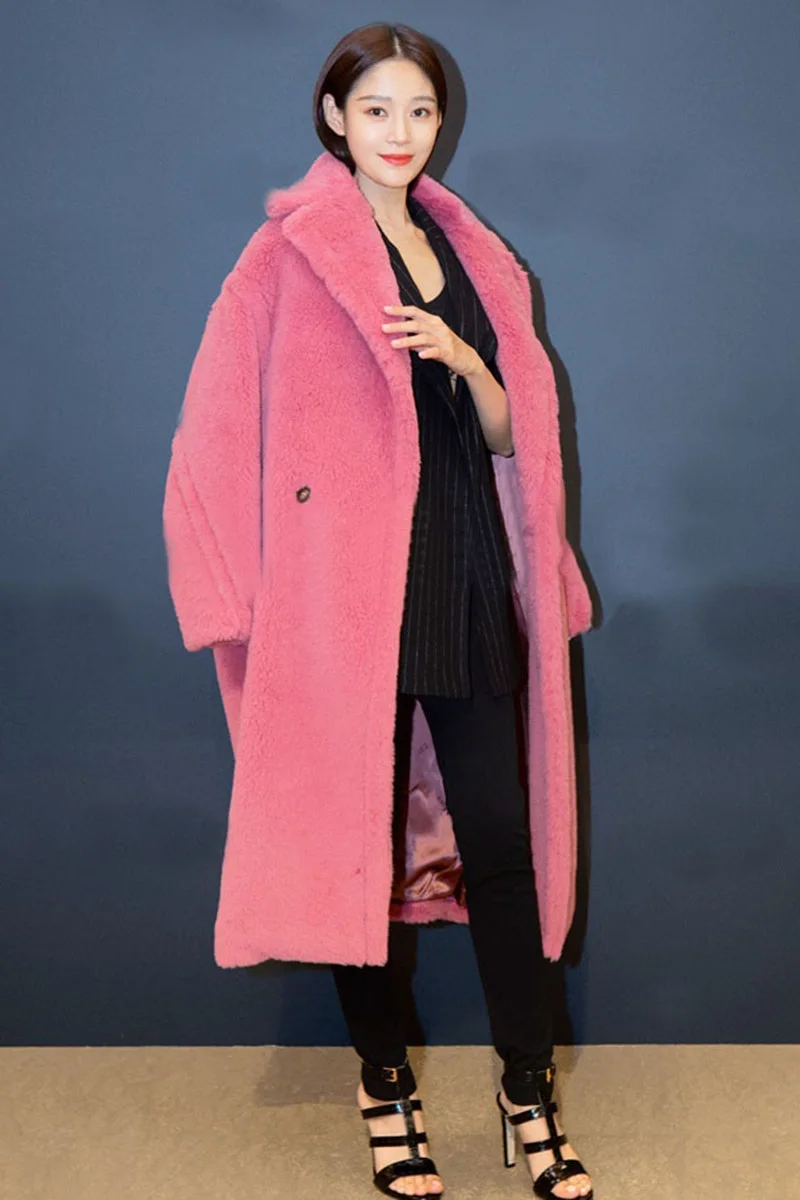 2018 Winter Sweet Pink shaggy women faux fur coat streetwear Runway Designer warm plush teddy Female overcoat party Clothes |