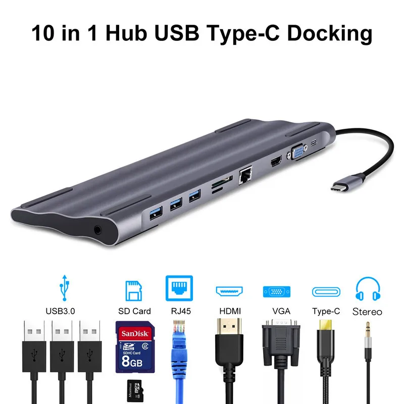 Док станции для ноутбука 10 в 1 Type C до USB3.0 RG45 HDMI VGA SD TF конвертер аксессуары