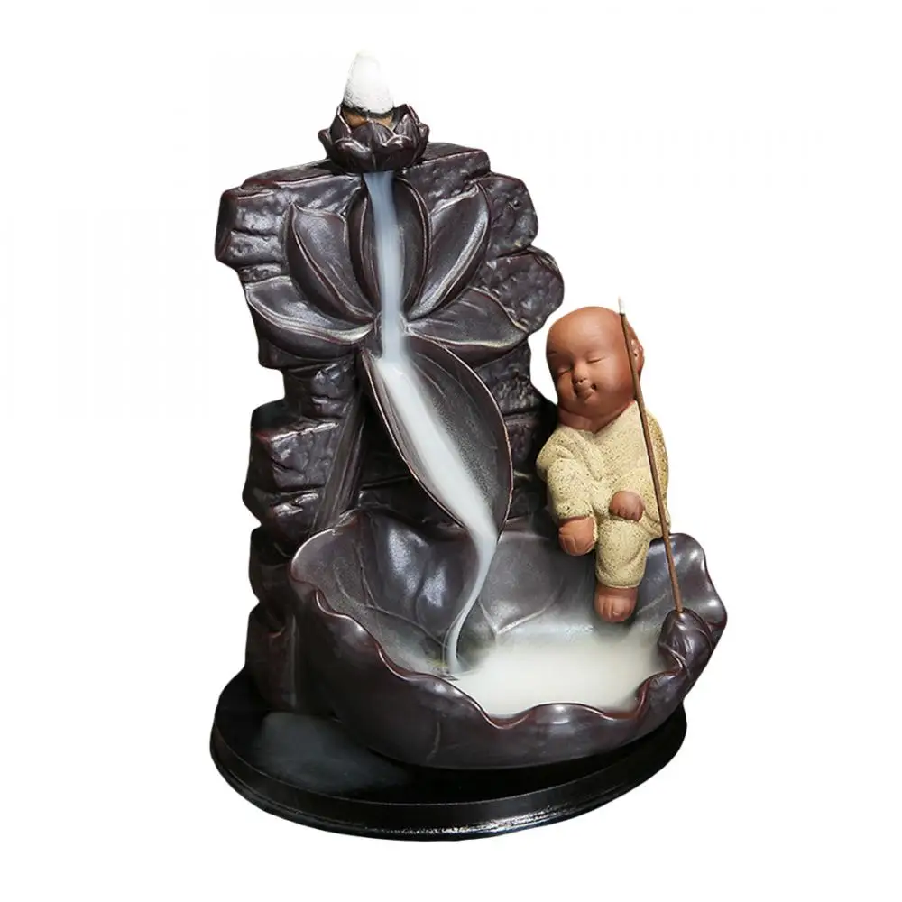 

Ceramic Small Buddha Backflow Incense Burner Little Monk Smoke Waterfall Aromatherapy Censer River Handicraft Incense Holder