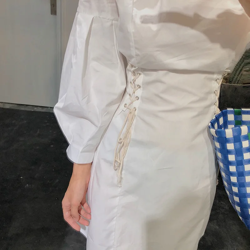 Hubble-bubble Sleeve Dress Woman Autumn Clothing New Pattern Korean Bandage White Short Dresses | Женская одежда
