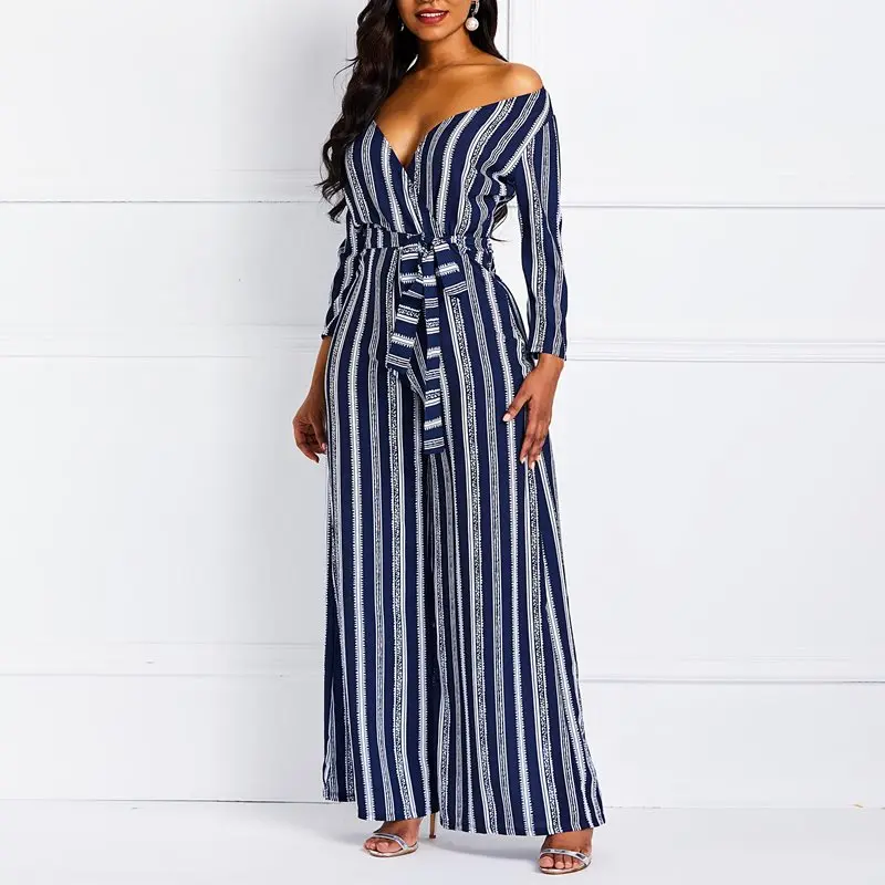Women Jumpsuits Sexy Club Party Elegant Blue Summer OL Ladies Slim Wide Legs High Waist Stripe Lace Up Casual Female Rompers | Женская