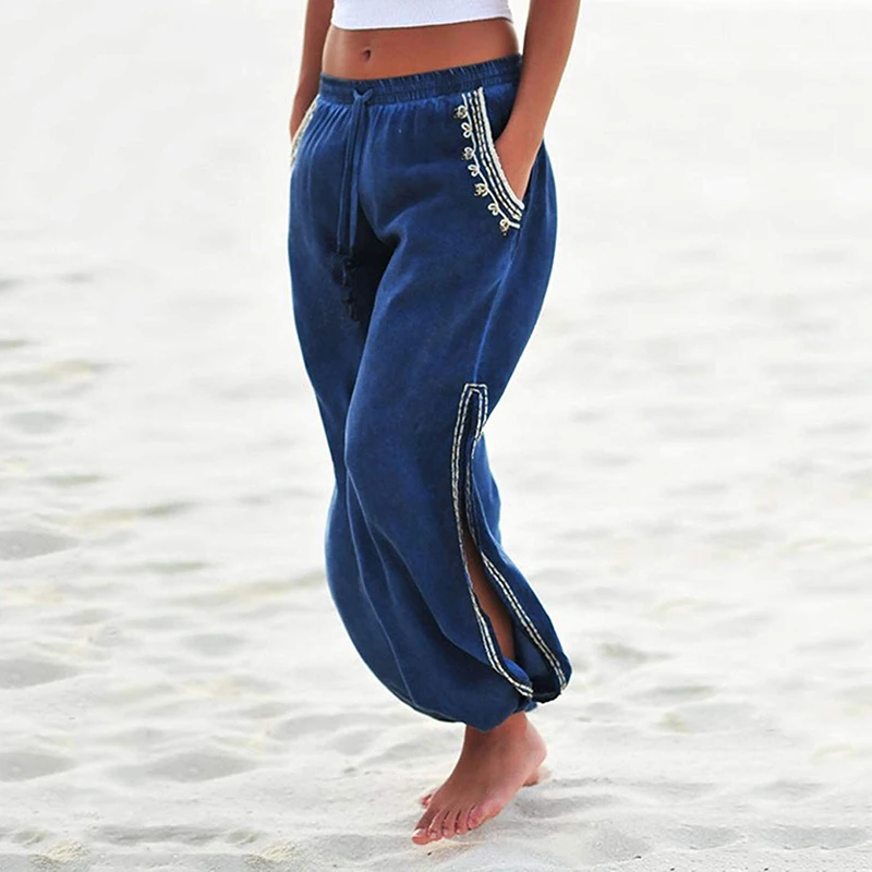 New Women Loose Drawstring Elastic Waist Side Slit Lace Beach Harem Pants Wide Trouser | Женская одежда