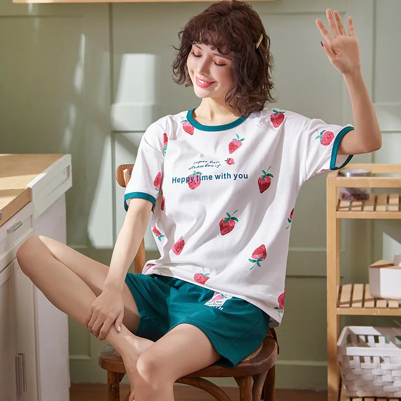 2019 новые летние узор Прекрасный Клубника пижама из чистого хлопка костюм Женская