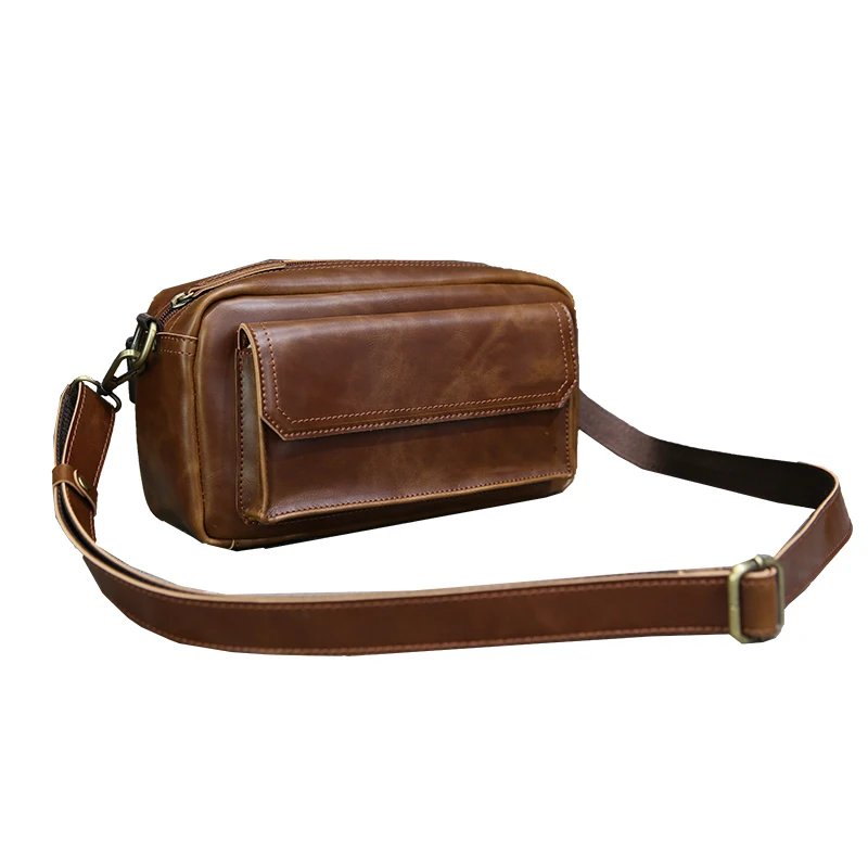 New Fashion Men Crzy Horse Leather Chest Waist Band Travel Small Single Shoulder Bad High Quality College Student Boy Daypack | Багаж и