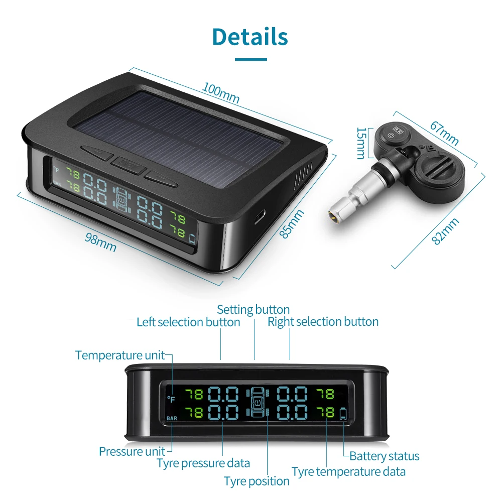 Солнечная энергия USB TPMS автомобильная система контроля давления в шинах ЖК