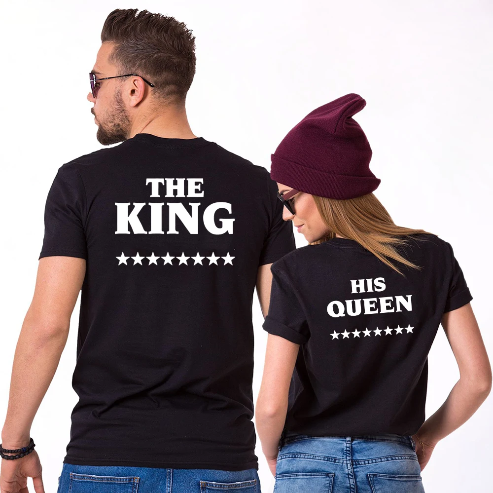 KING QUEEN Letter Printed Black Tshirts Summer Casual Short Sleeve Tees Tops Matching Couple His and Her Tee Clothes | Женская одежда