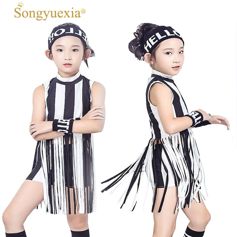 

Children Hip Hop Clothing Girl Hip-hop Short Sleeve T Pity Shorts Tassel stripe Hiphop Stage dancewear