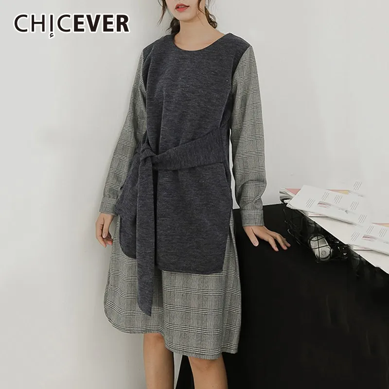 CHICEVER Plaid Patchwork Dresses For Women O Neck Long Sleeve Loose Bandage Women's Dress 2019 Korean Spring Fashion Clothes New | Женская