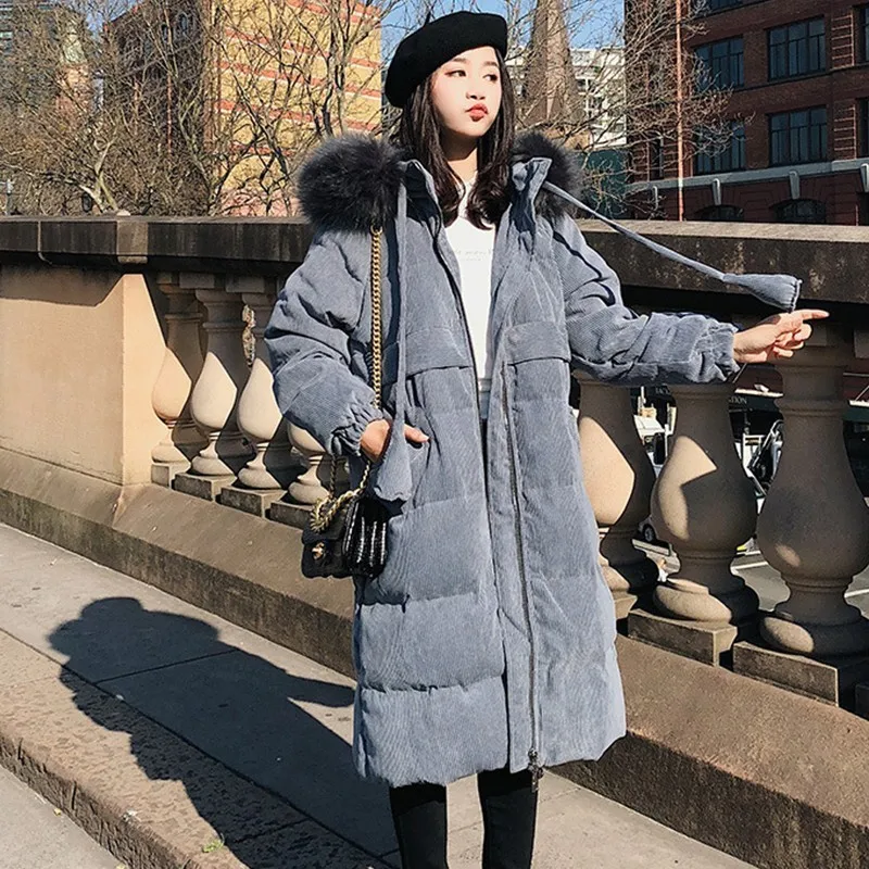 Winter Jacket Coat Women 2018 Casual Fashion Pink Corduroy Down Cotton Jacket Parka Thick Hooded Long Section Padded Overcoat