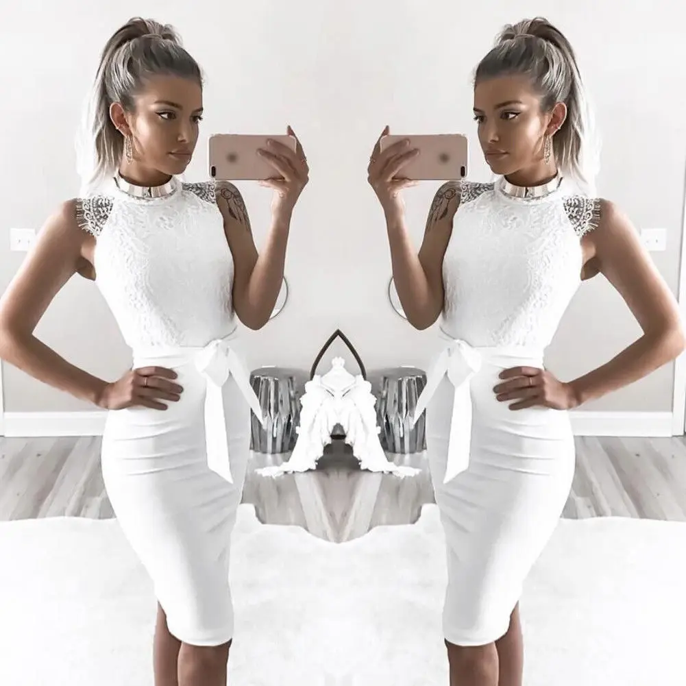 2019 New Brand Cotton Lace Women Sleeveless Dress Bridesmaid Wedding Party l Mini Pencil | Женская одежда