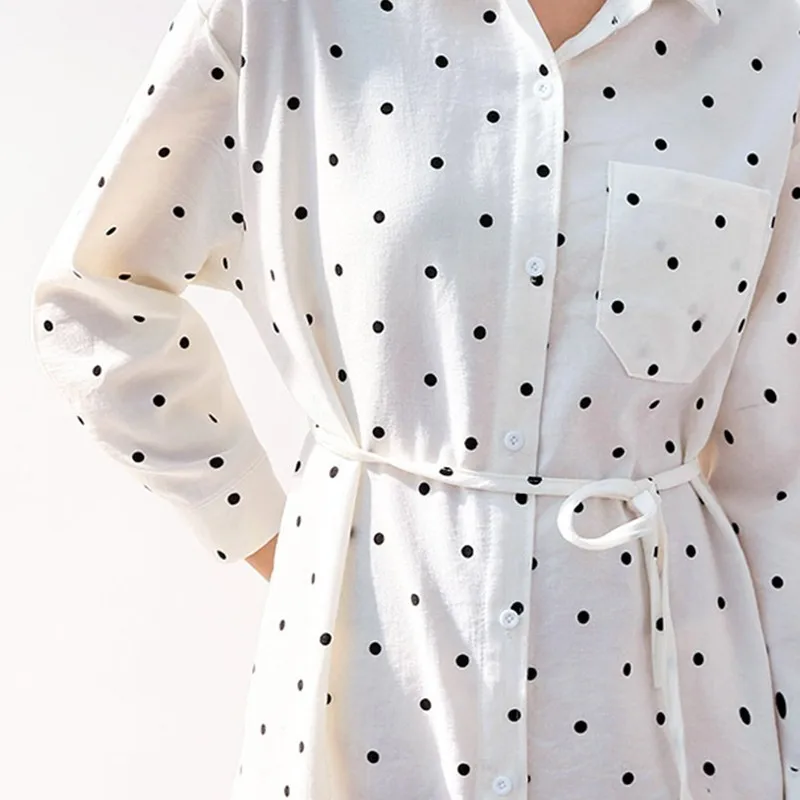 VGH Spring Vintage Corduroy Polka Dot Women Shirt Lapel Long Sleeve Lace Up Sashes Split Hem Loose Slim Female Top Blouse New |