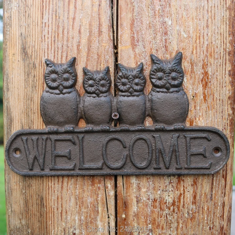 Cast Iron Antique Style four owls WELCOME Plaque Garden Sign Wall decor