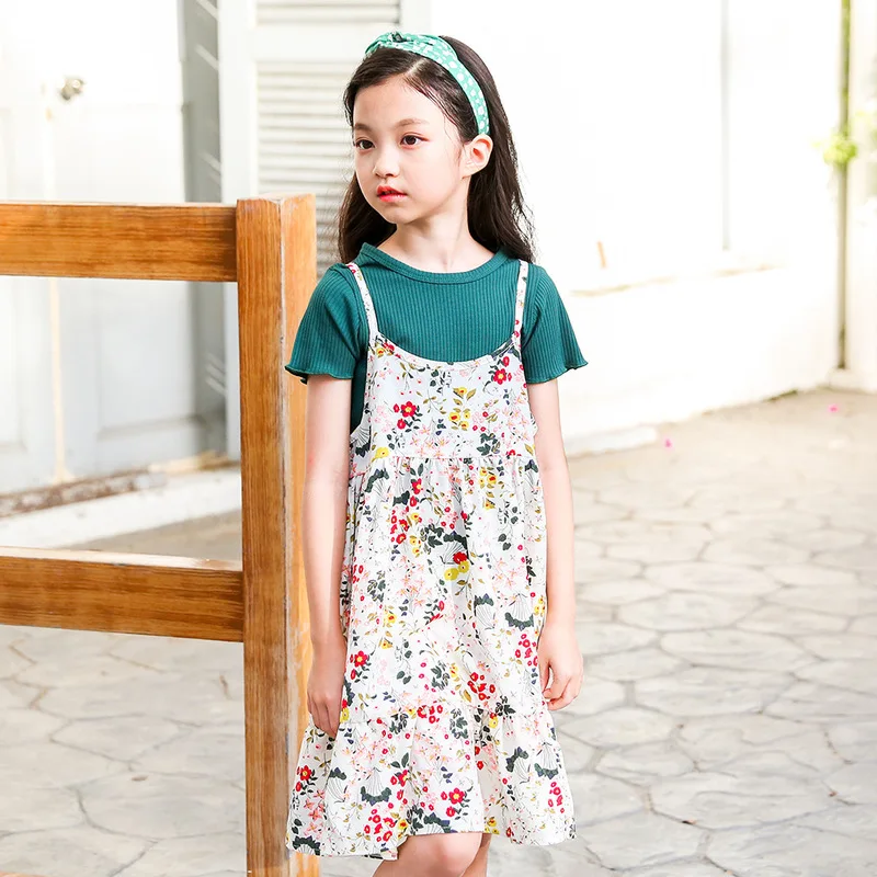 Little Girls Dress Suits 2 pieces 4 5 6 8 10 years Sweet Floral Print Chiffon Sundress Summer Holiday Beach Wear Kids Clothes | Детская