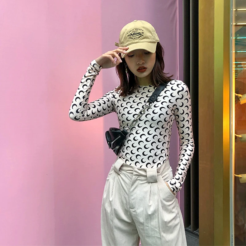 Long Sleeve Bodysuits Women Round Collar Crescent Print Slim Jumpsuits Pastel Goth Fashion | Женская одежда