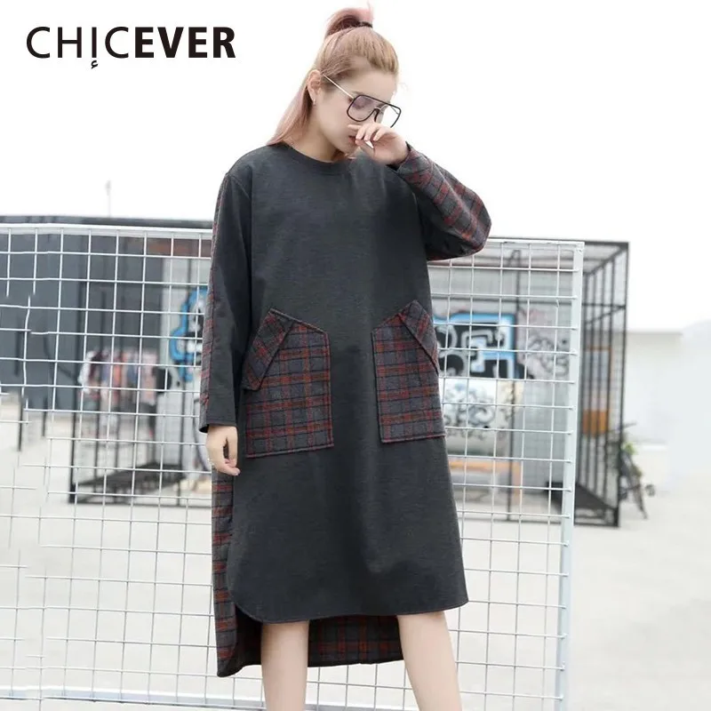 

CHICEVER Patchwork Plaid Women's Dress Female O Neck Long Sleeve Asymmetric Hem Hit Colors Dresses Autumn Fashion Clothing New