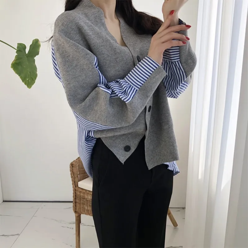 GALCAUR Patchwork Striped Sweater For Women Long Sleeve Asymmetrical Cardigans Female Jumper Fashion 2018 Autumn New |