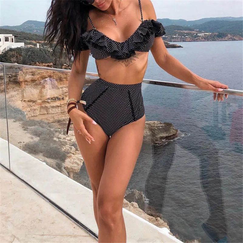 

Women Vintage High Waist Bikini Sets Polka Dot Printed Ruffles Swimsuit Beachwear 2019 Suspenders Swimwear Push-up Bathing Suit