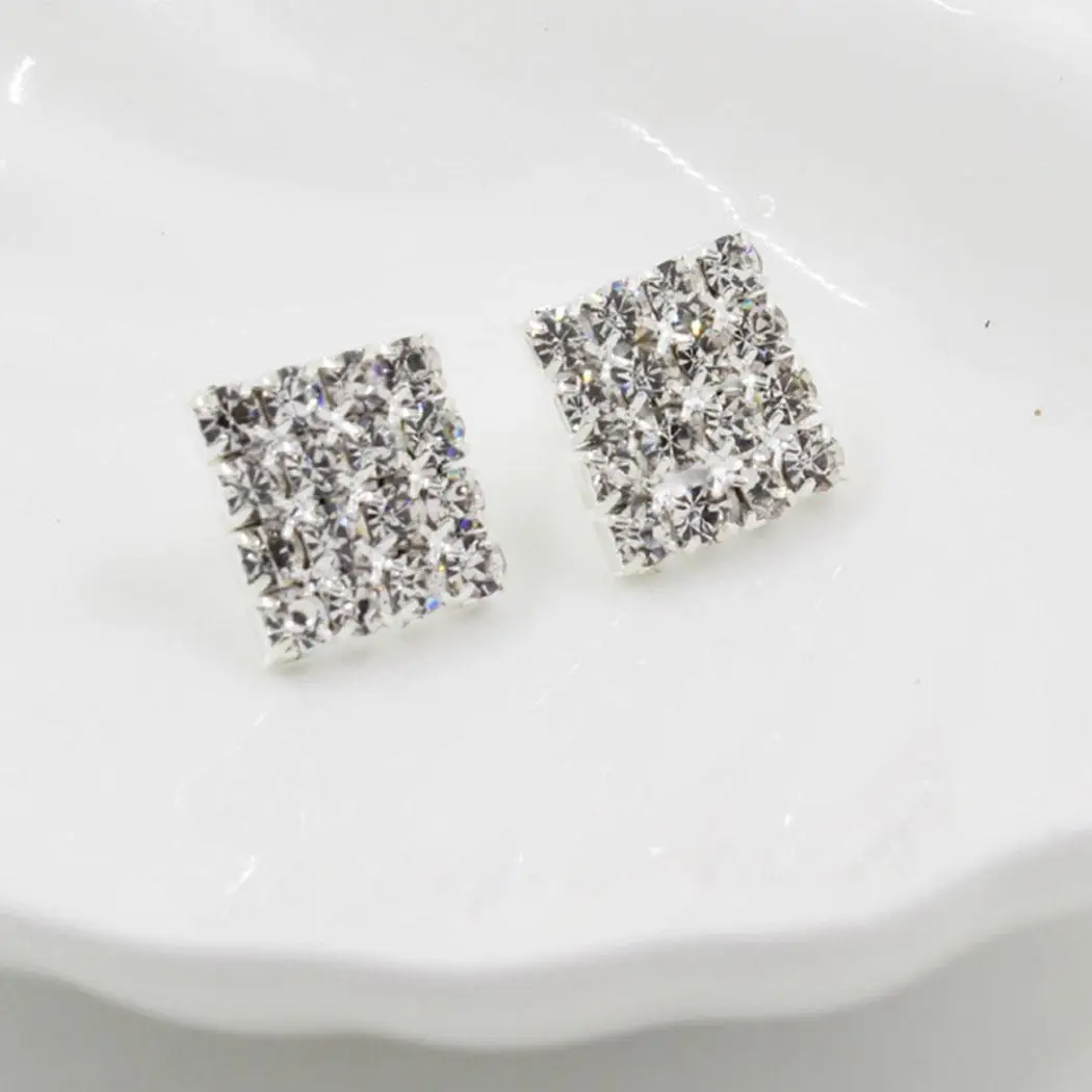 Bling Push Elegant Casual Stud Style Fashion Rhinestone Back Silver Square Earrings Women | Украшения и аксессуары