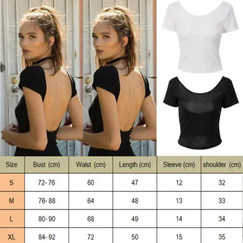 

Summer Women T-Shirts 2019 New Women Sexy Solid O-Neck Backless Crop Top Summer Slim Short Sleeve T Shirt