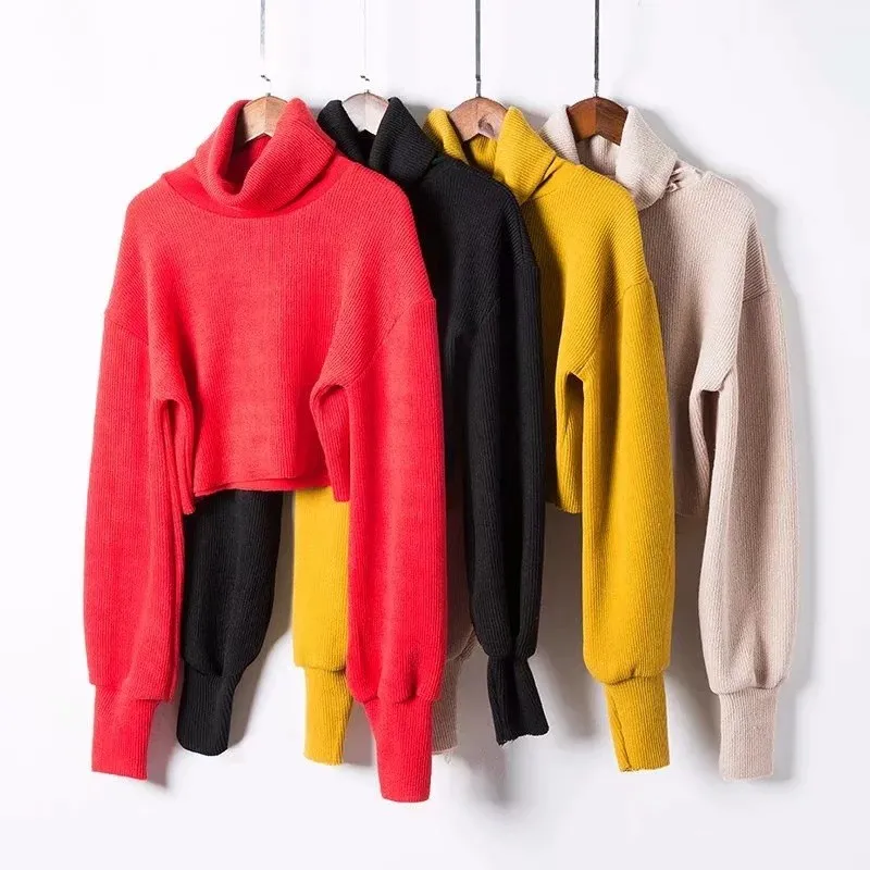 High Quality Autumn Winter Turtleneck Crop Tops Short Casual Basic Solid Sweater Women Long Sleeve Knitted Pullovers | Женская одежда