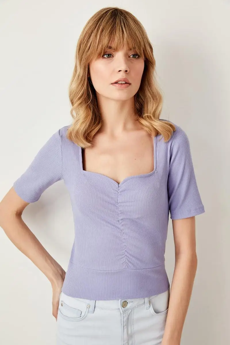 Trendyol Lilac Shir detaymi трикотажная блузка в рубчик TWOSS19FV0122|Блузки| |