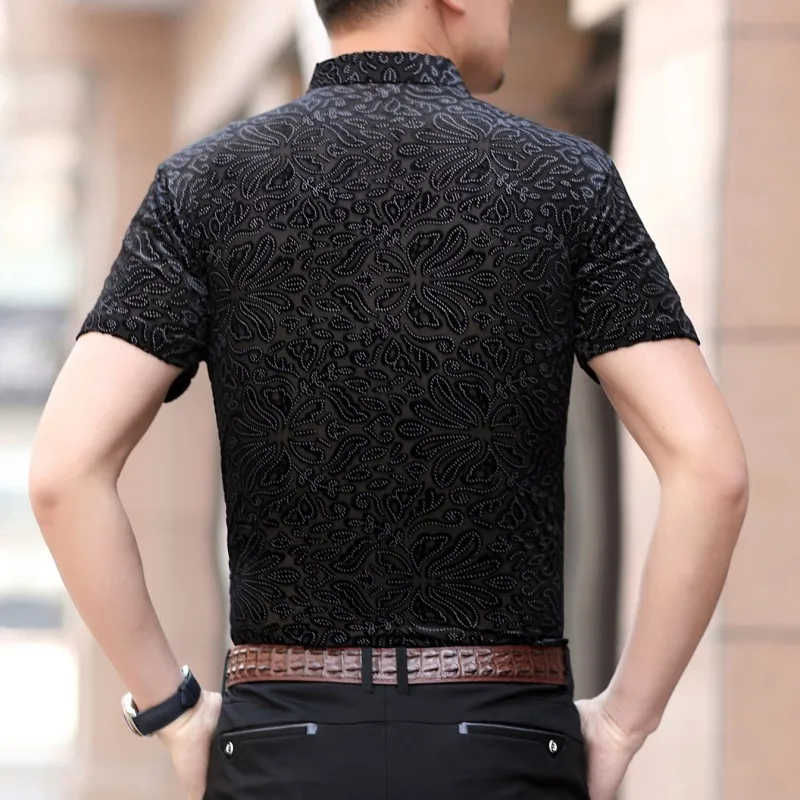 2019 Fashion Streetwear Shirt Short Sleeve Camisa Hombre Velvet Hawaiian Man Transparent Camicia Uomo Social | Мужская одежда