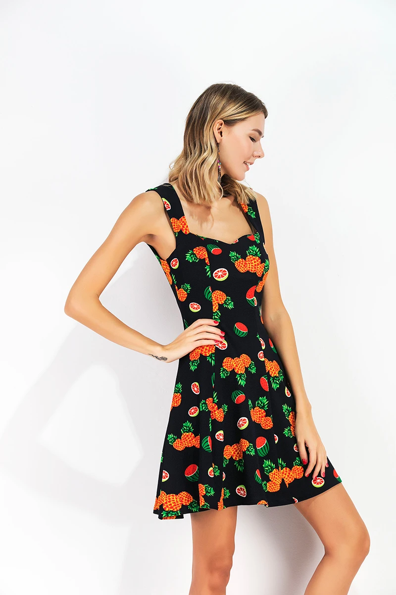 

2019 new female summer clothing sleeveless square collar fruit fun print long section waist dress female strap dress black