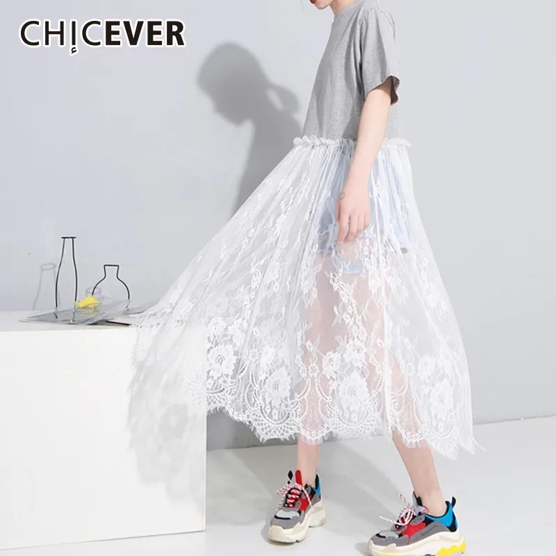 Женское кружевное платье CHICEVER лоскутное с круглым вырезом коротким рукавом и