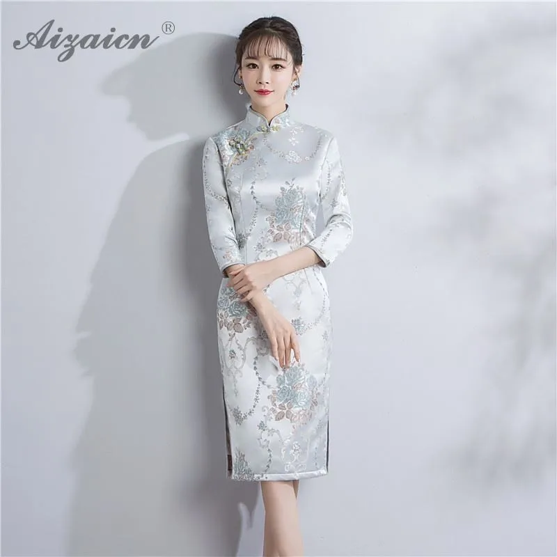 Весеннее жаккардовое плетение гобелен Атлас Qipao вышивка длинное китайское