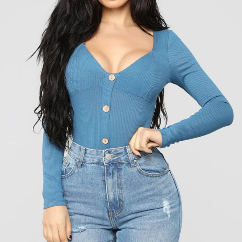 Женское боди с длинным рукавом и V образным вырезом на пуговицах|Боди| |